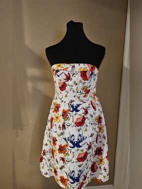 Romy Strapless White Dress with Red, Blue & Yellow Floral Print